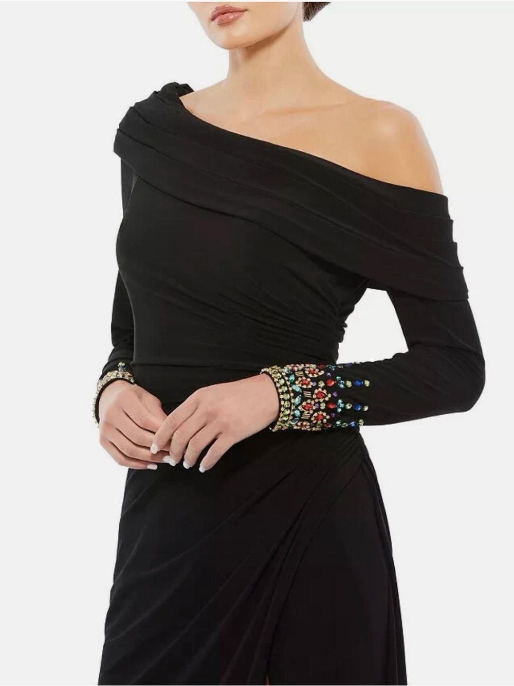 NWT Mac Duggal Black Off Shoulder Jeweled Cuff Gown Sz 2 Slit Formal Dress 12231